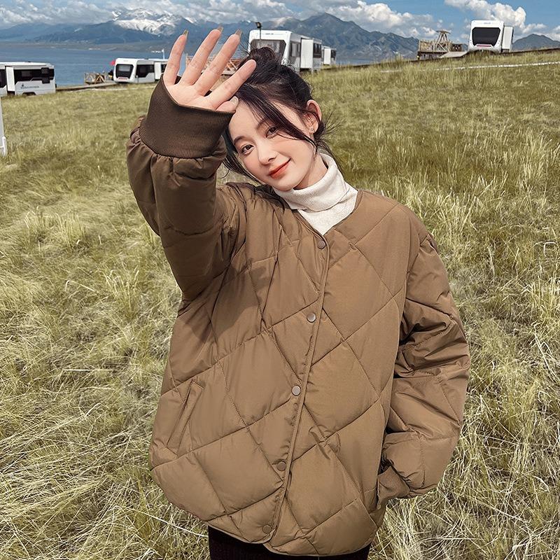 Осень и зима новая пуховая хлопковая одежда женская короткая ромбовидная легкая хлопковая куртка свободное пальто