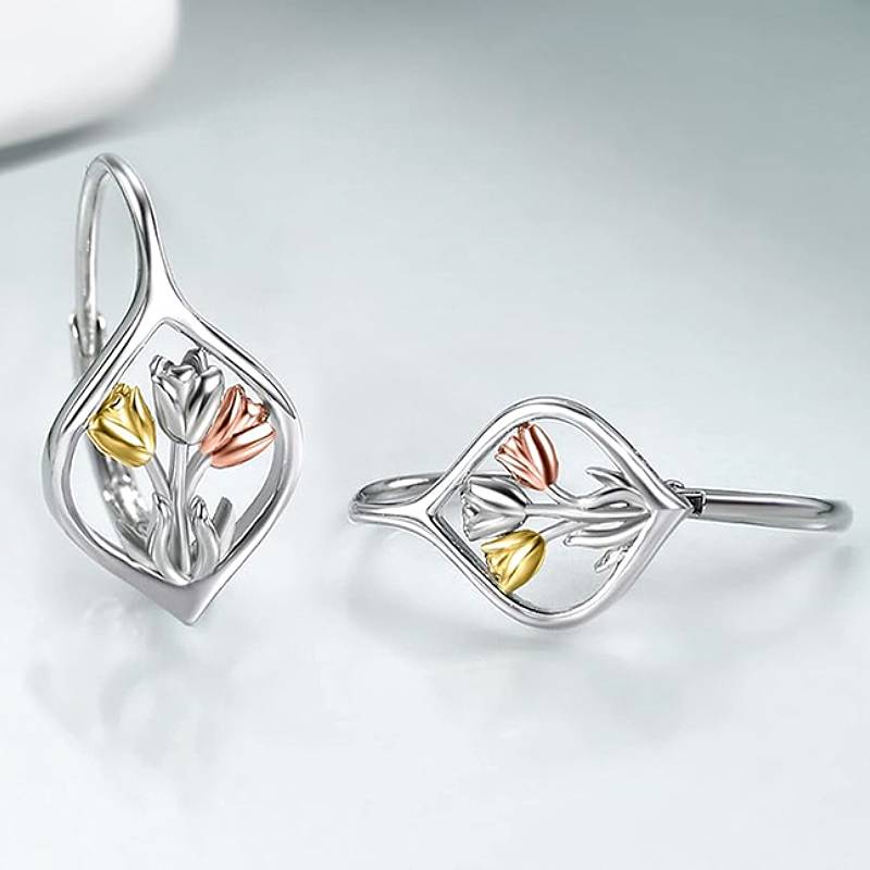 Huitan Three Tone Tulip Shaped Drop Earrings for Women Elegant Wedding Party Trendy Metal Accessories Fresh Style Chic JewelryGood product