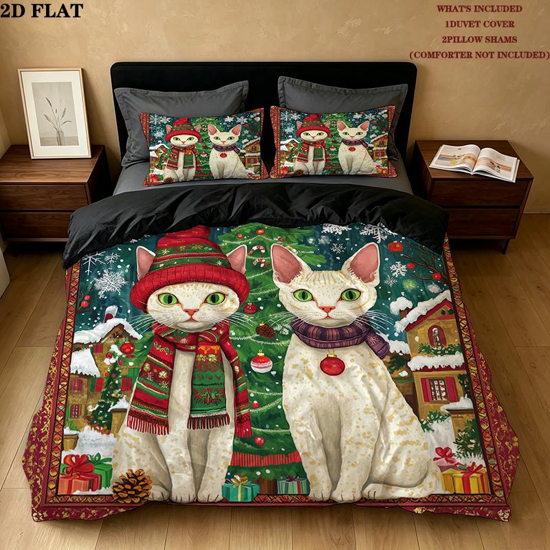 Christmas cat Pattern Bedding Home Decoration Birthday Gift ( 1 duvet cover + 2 pillowcase, without core),fan merchandise.