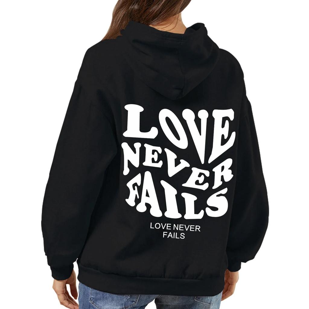 Love Never Fails Print Letter Hoodies Unisex/Women Sweatshirt Black Autumn Vintage Oversized Harajuku Loose Tops Casual Pullovers