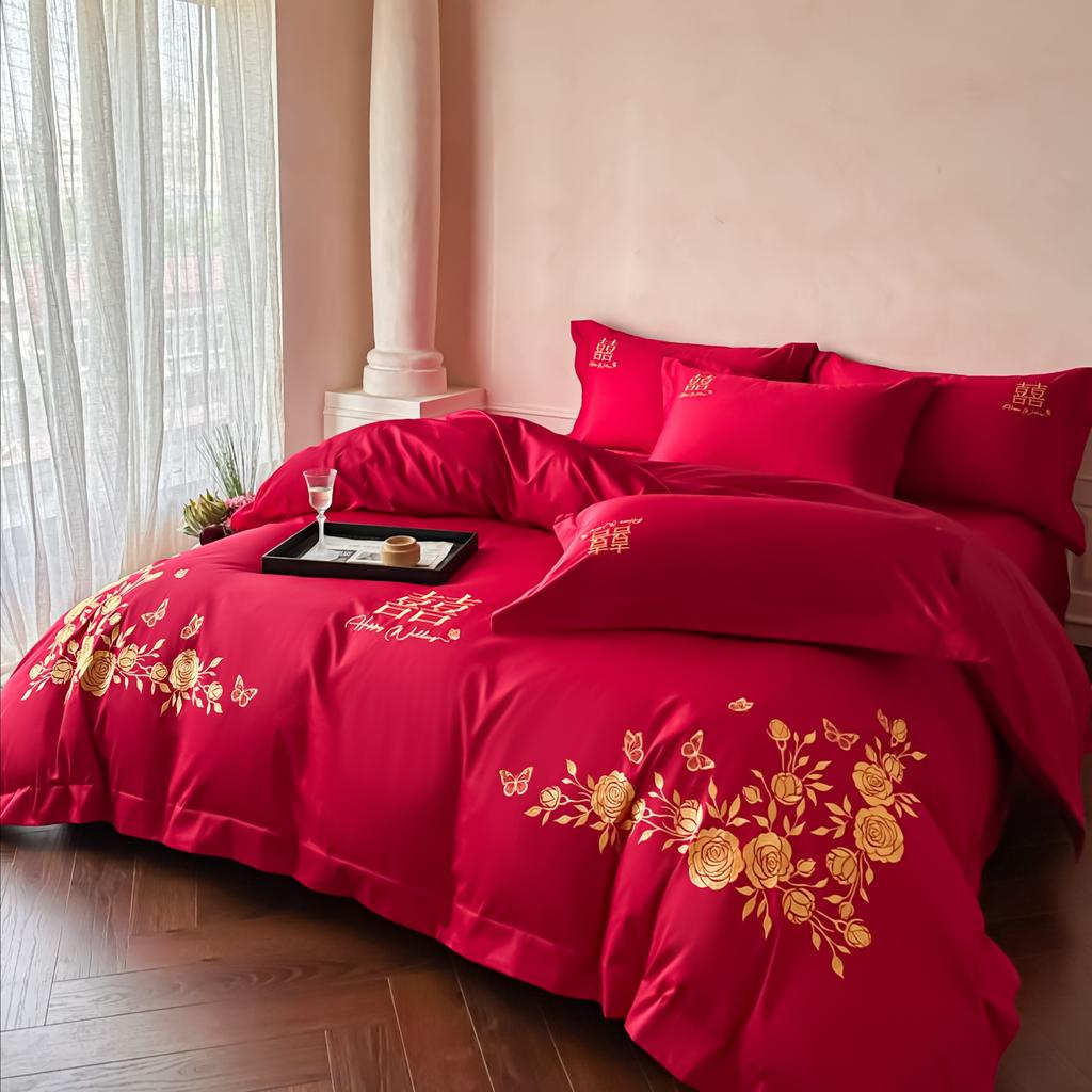 Clever 40 Thread Cotton 4-Piece Embroidery Wedding Series Bedding Set