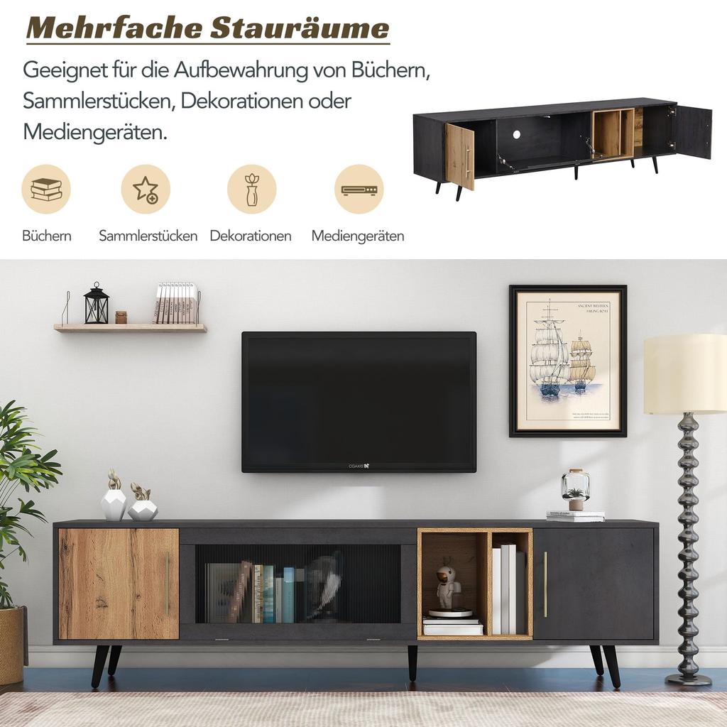 TV Schrank Lowboard 200cm, Modernes TV Board TV-ständer Riffelglastür, Offenes Staufach, Schlichtes Fernsehtisch HiFi-Schrank Holzfarbe & Grau