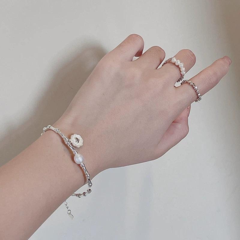 LT-075 Korean Style S925 Pure Silver Bamboo Joint Heart-Shape Pearl Bracelet Necklace Handcrafted InS-Style Hair Accessory Gift