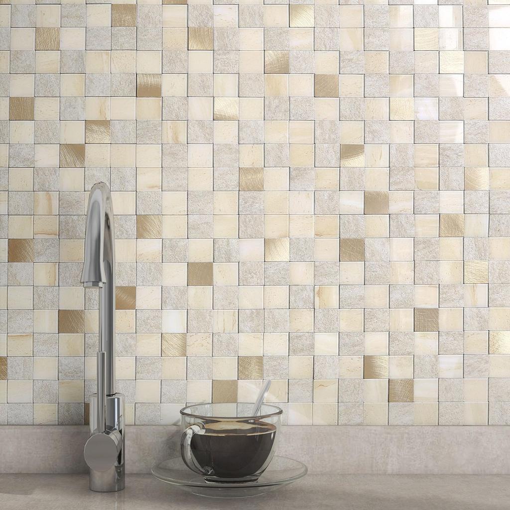 VAOVI Mosaic Tile Sticker Kitchen Tile Water Wall Sheet Beige Sticker, Kitchen, Washroom, Toilet, Mirror, Area, Waterproof, Heat-resistant (5 Pieces,