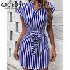 Spring Summer Stripe Print Women's Sleeveless V-neck Slim Striped Lace-up Dress