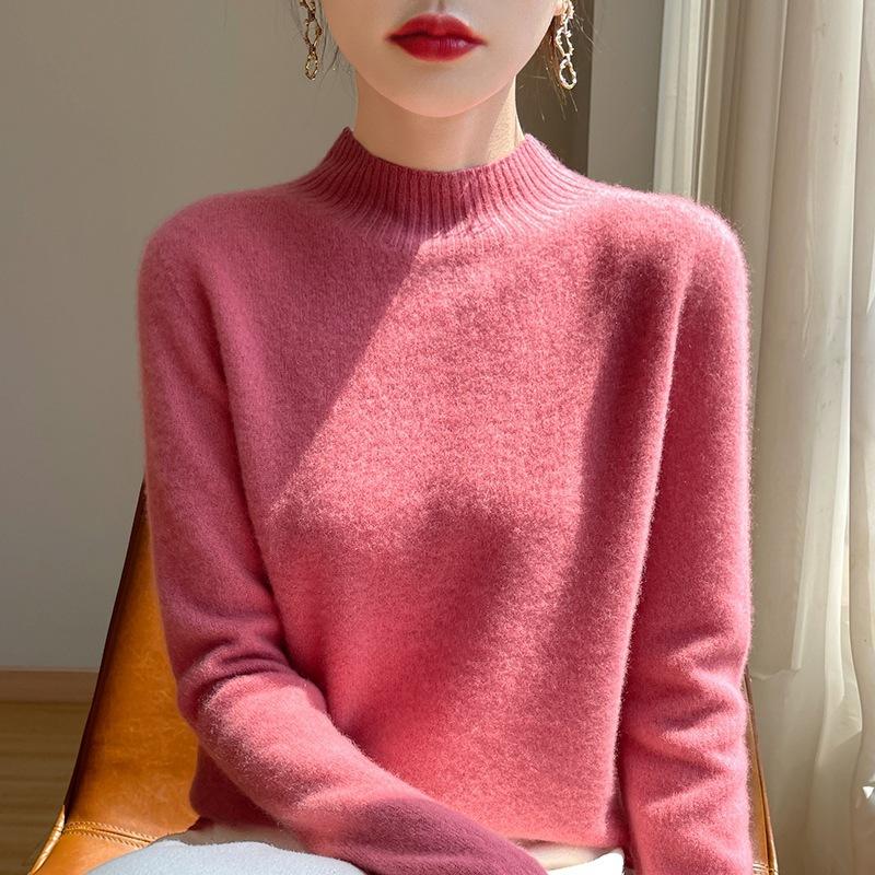 Classic Versatile Half Turtleneck Pure Wool Thick Sweater Women Loose Long Sleeve Knit Top