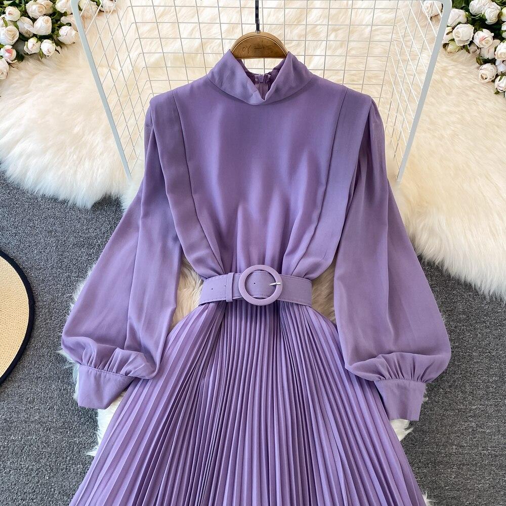 Весеннее корейское шикарное легкое зрелое стильное плиссированное платье с воротником-стойкой и высокой талией на шнуровке на талии Элегантное большое свободное платье