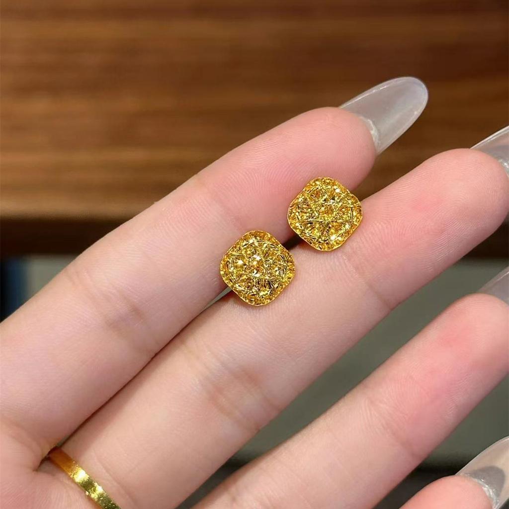 Sugar Cube Earrings Necklace Set Yellow Gold Brushed Small Square Ring Pendant Jewelry Set