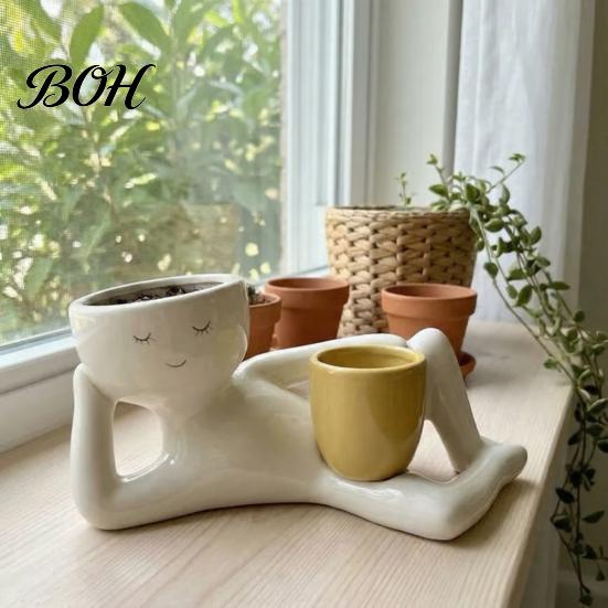 Artistic Flower Vessel Lazy Guy Planter, Little Character Flowerpot Ornament, Creative Lying Succulents Planter Humanoid Double Pot for Home