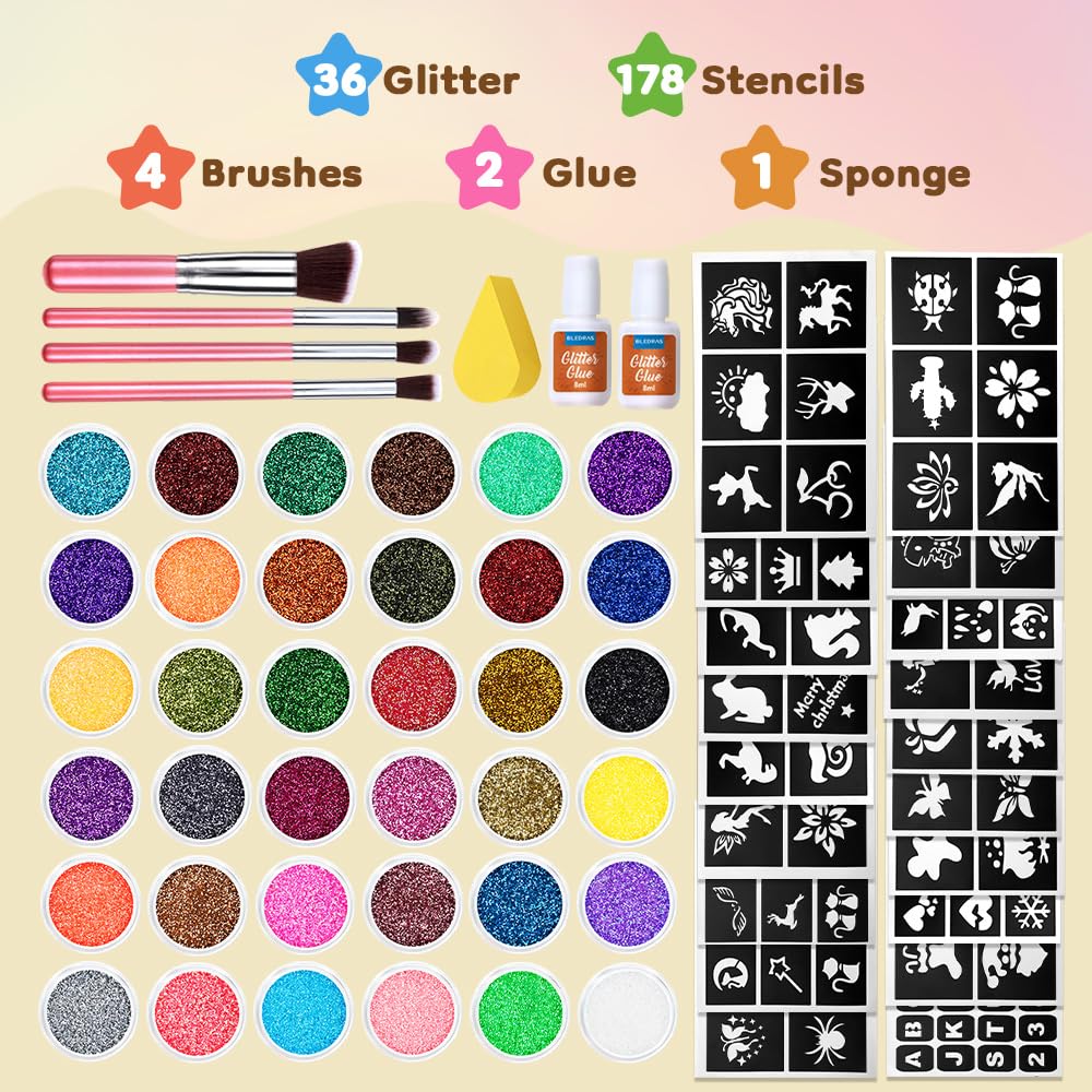 Glitter Tattoo Set, Bledras 36 Colors Kids Tattoo Set, 178 Stencils, 5 Brushes, 2 Glue, Flash Tattoo Kit for Girls, Boys and Adults, Carnival
