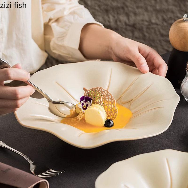 Керамическая глубокая тарелка в форме светло-желтого листа лотоса, нестандартная тарелка для салата, десерта, густого супа, креативная посуда для ресторана