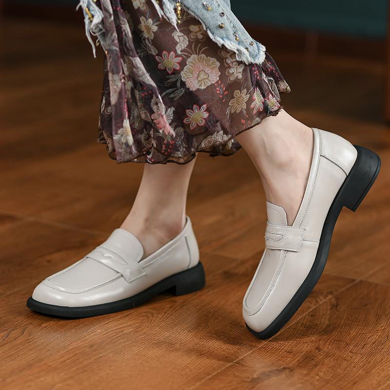 New Fashion  Cow Leather Women Shoes Casual Square Toe Loafers Convenient Thick Heel Slip -On Shoes For Women Platform Shoes