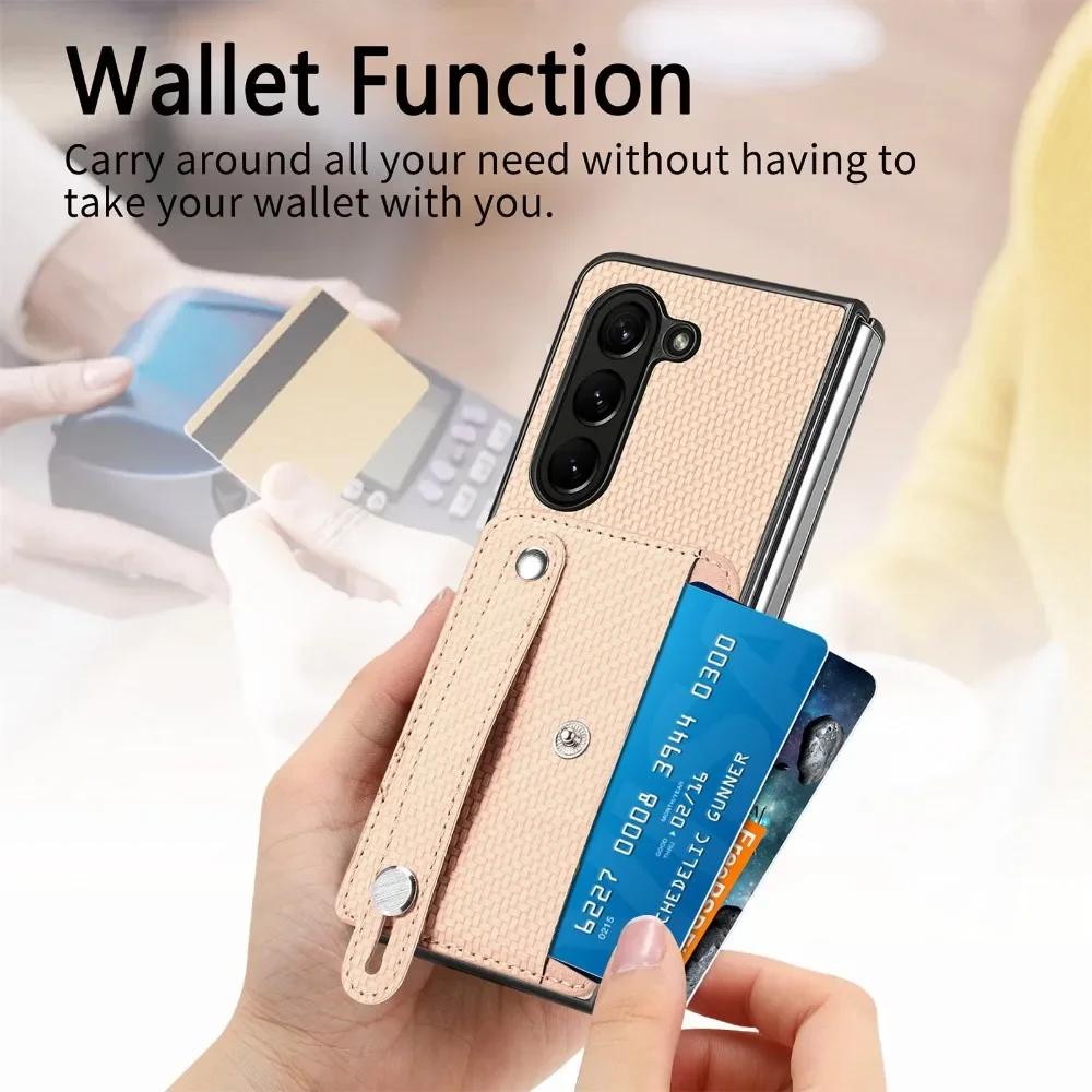 Чехол-кошелек с держателем для карт и ремешком на запястье для Samsung Galaxy Z Fold 6 5 4 3 2 Fold6 Fold5 Fold4 Fold3 Fold2 5G PU кожаный чехол