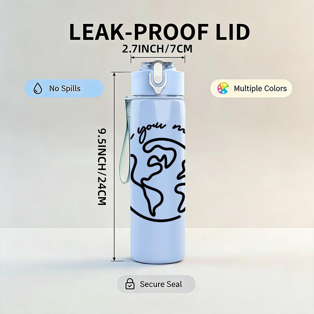 1PC World Globe Love Outline 750ml Color Plastic Sports Water Bottle Leakproof Flip Straw Lid Suitable for Sports Office Home Use