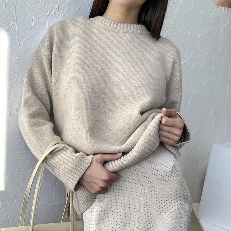 2026 autumn and winter new European and American hot-selling crew neck sweater women's khaki versatile loose knitted top