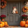 Ghost Hanging Decor Halloween Cute Bow Door Sign, Wooden Patchwork Plaque with Pumpkin Candy Basket, Party Background Retro Wall Pendant Lanyard