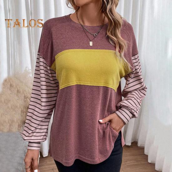 Женская футболка с круглым вырезом и длинным рукавом в полоску контрастного цвета свободного кроя, эластичная дышащая футболка-пуловер