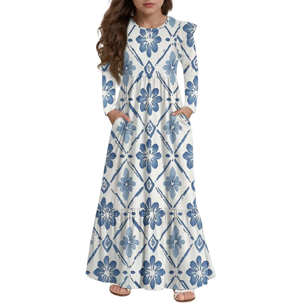 Girls' Tiered Ruffle Dress - Long Sleeve Printed Maxi With Pockets
