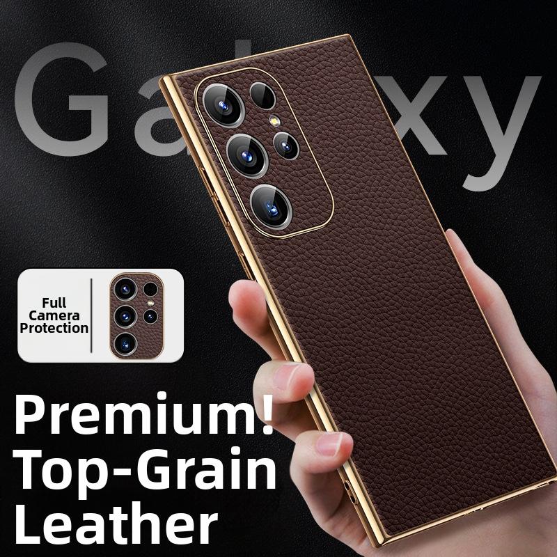 Чехол для телефона из натуральной кожи с тиснением "Личи" для Samsung Galaxy S26 S22 S23 S25 Ultra S24 Plus S26+ Электрооцинкованный Мягкий чехол S0035