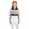 Girls Cowgirl Costume Dance Outfit Printed Sleeveless Layered Tassel Contrast Color Jumpsuit Fringed Gloves