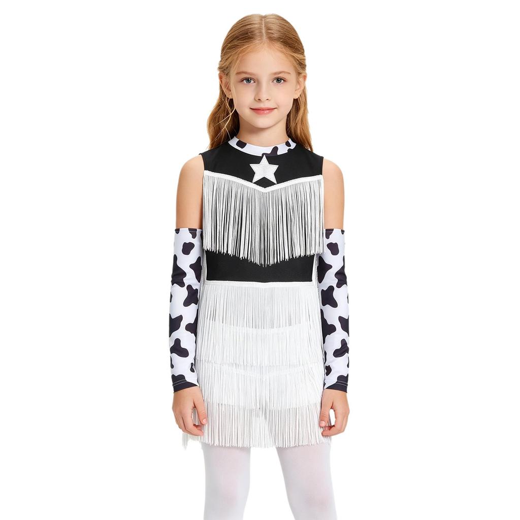Girls Cowgirl Costume Dance Outfit Printed Sleeveless Layered Tassel Contrast Color Jumpsuit Fringed Gloves