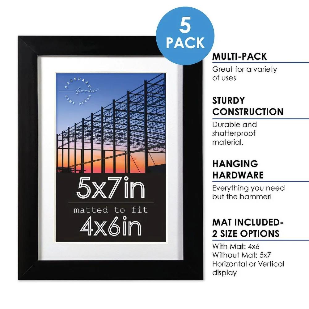 5 Pack 5x7 Matted Picture Frames Tabletop Wall Display Durable Thermoplastic Shatter Resistant Beveled Mat Horizontal Vertical