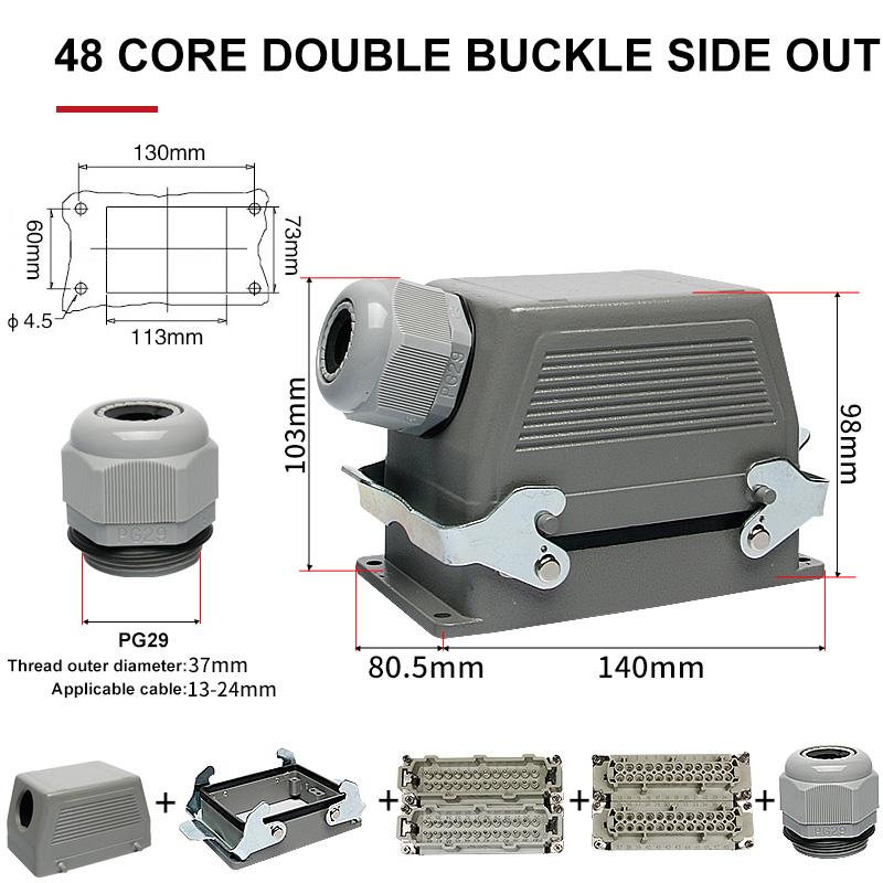 HE Rectangular Heavy Duty Connector 6 10 16 24 36 48 Pins Core Waterproof Aviation Industrial Plug Socket Top Lateral Line 16A