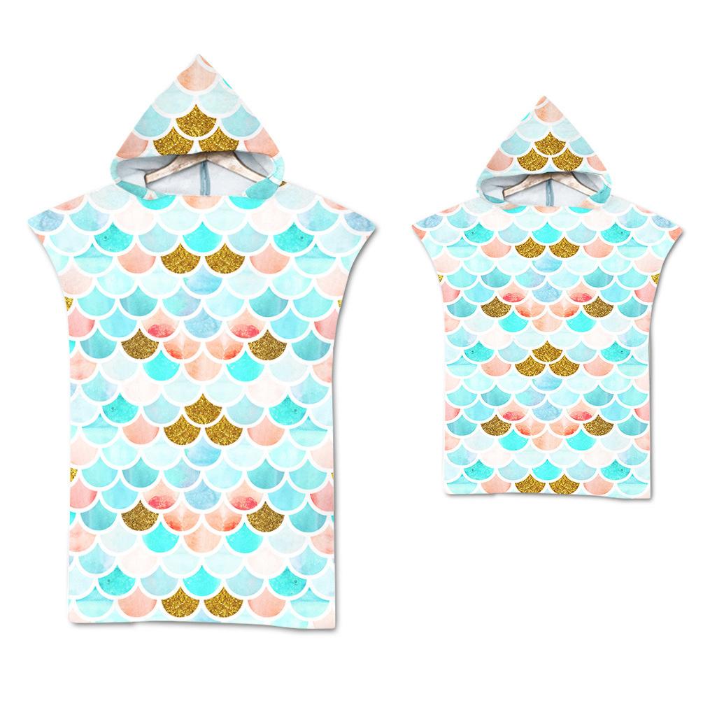 Радужная чешуя Микрофибра Пляжное полотенце Быстросохнущий Плащ с капюшоном Полотенца для гидрокостюма Взрослые Дети Родитель-ребенок Пончо Халат для плавания серфинга