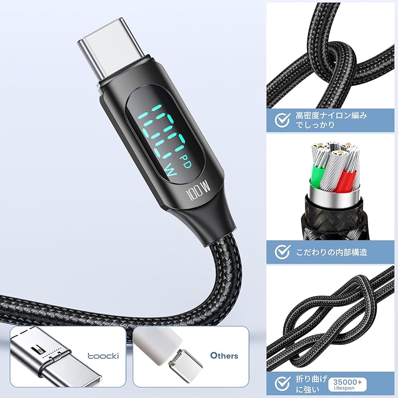 Toocki Usb C Cable 100W 1M With LED Display [black] Type C Cable PD/QC Fast Charging Typec Nylon Knitting Data Transfer Phone 16/Phone 15/Phone Plus,