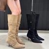 Vintage Suede Women Knee High Boots Fashion Pointed Toe Shoes Autumn Winter Thin Heel Ladies Short Plush Long Booties