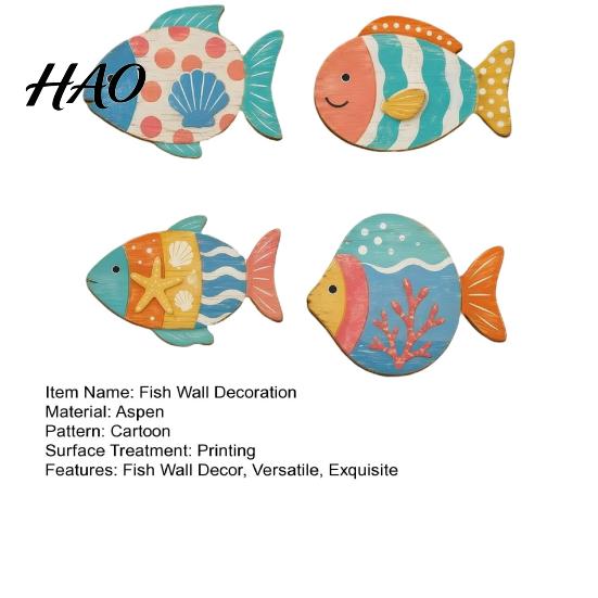 Coastal Wall Art Decor 4PCS Aspen Wood Fish Decor, Colorful Hanging Children Room Nautical Art, Beach Theme Decorative Plaques for Bathroom Living