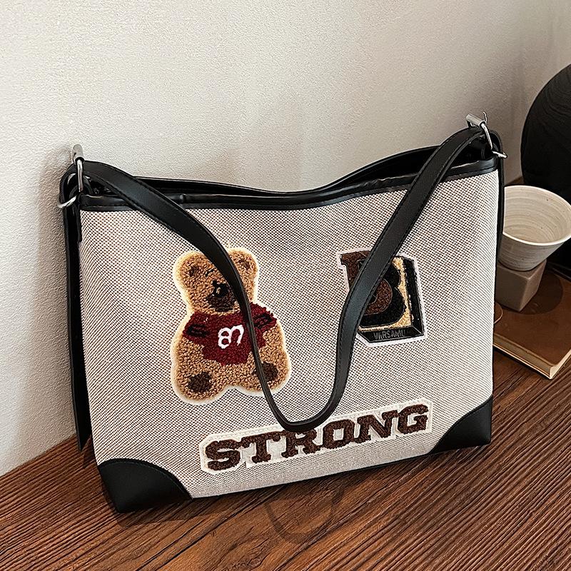 Cartoon Bear Canvas Bag for Women New Large Capacity Commuting Tote Bag Casual One-shoulder Crossbody Bag