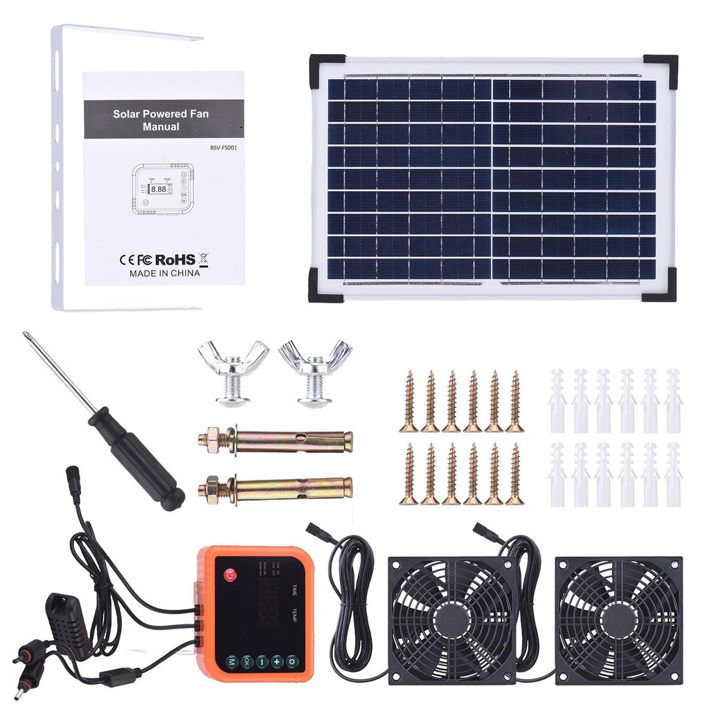 Солнечный вентилятор для питомника с комплектом из 2 вентиляторов, перезаряжаемая солнечная панель, циркуляционная функция таймера для теплиц, сараев
