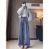Women's Early Spring Blue Plaid Wide-Leg Floor-Length Pants