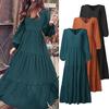 Fashion Women Elegant Solid Dubai Turkey Abaya Sundress Hijab Muslim Ruffles Dress Autumn Long Sleeve Maxi Long Dress