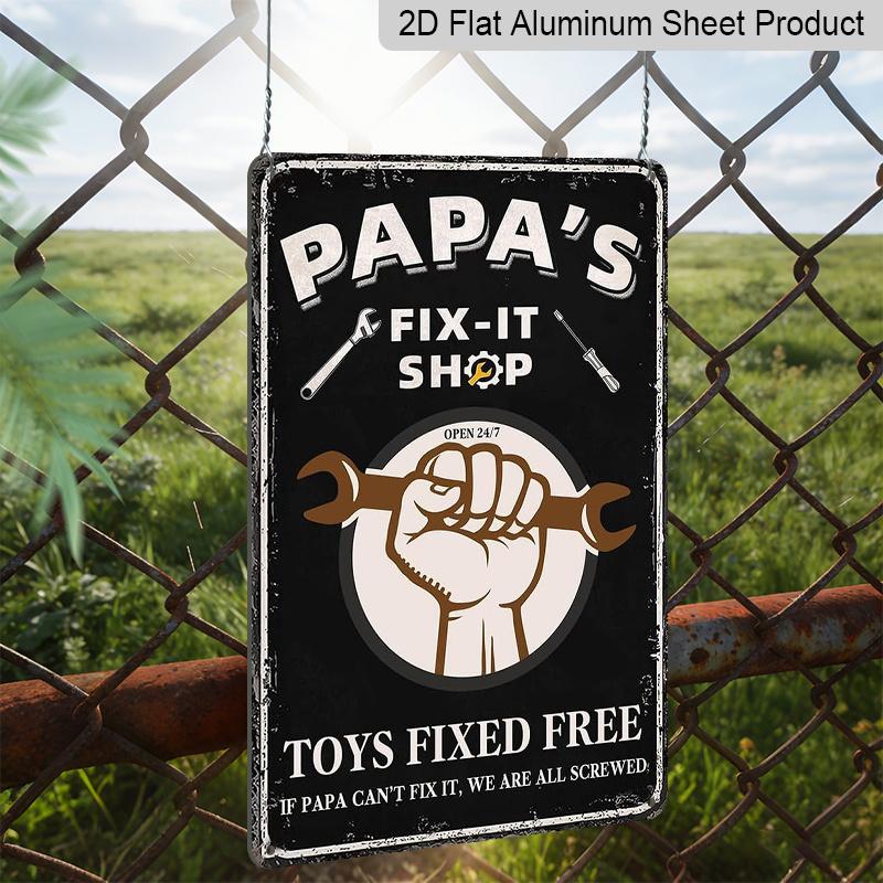 2D Flat, 1pc "Papa's Fix-It Shop" Aluminium Metal Wall Decor Sign - 8"x12" Vintage Garage Decor, Wrench & Tools Accent Wall Art, Perfect Father's Day