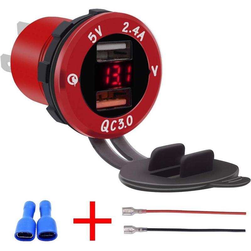 Aluminum Alloy Fast Charge QC 3.0 Dual with Voltmeter Charger DC12V-24V led display for cars motorcycles ATVs RVs SUVs boats