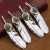 S925 Sterling Silver Jewelry Retro Thai Silver Korean Version of Men and Women Turquoise Feather Pendant Sweater Chain Pendant