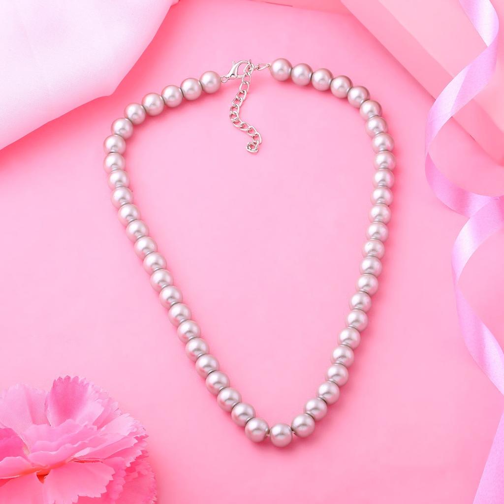 Estele Women's Single Line Necklace with Sparkling Grey Pearl and Rhodium Plated