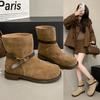 Korean Version of Fashionable and Trendy Flat-bottomed Velvet Snow Boots 2025 Winter New Suede Warm Medium Boots Women's Cotton Boots Shoes