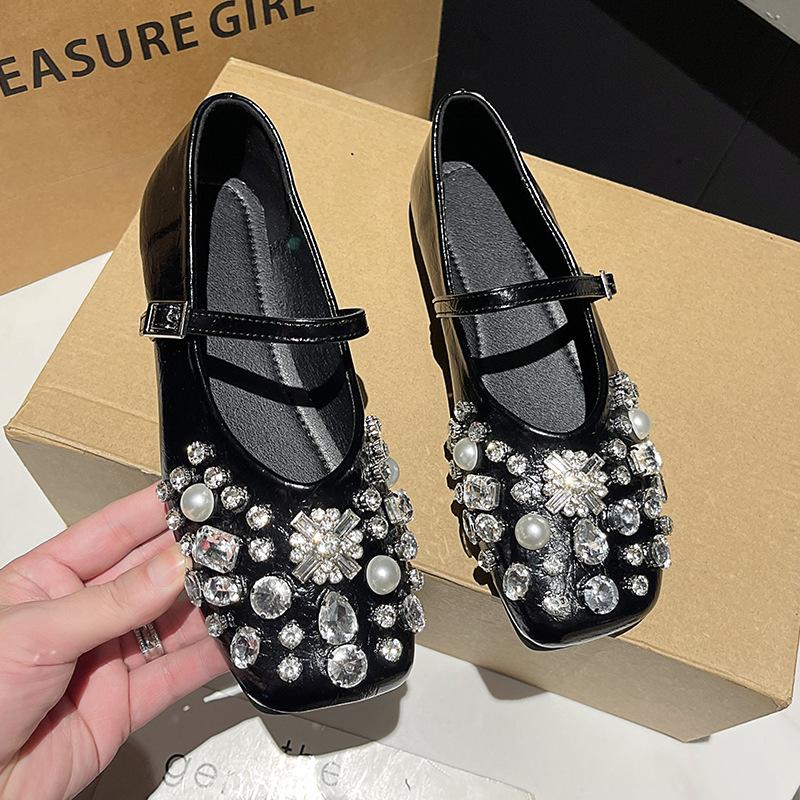 Туфли Мэри Джейн в стиле французской феи с серебряными стразами, женские, весенние, квадратные, с плоской подошвой и юбкой, однотонные, женские