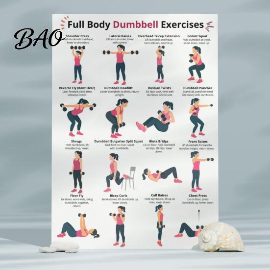 Fat Burning Exercises 5Pcs Dumbbell Workout Poster, Home Exercise Chart for Arm Body Sculpting Leg Hip Core, Full Training Guide Wall Art Warm-up And