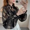 Unique Floral Shirt Spring Turn-down Collar Lantern Sleeve Chiffon Spring Airy Blouse Women's Outerwear