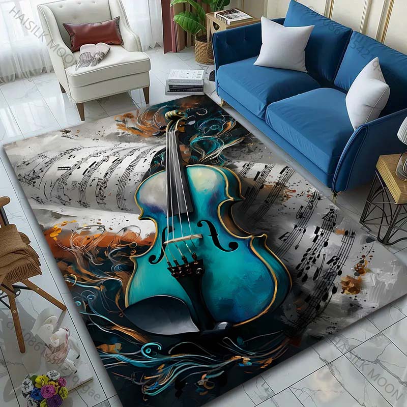 Multiple sizes Blue violin and sheet music Carpet for Living Room Bedroom Sofa Home Decor Rus Non-slip Floor Mat Luxury Gift