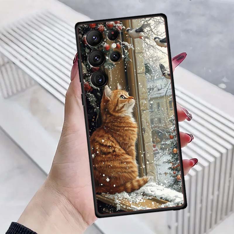 Милая мультяшная кошка Иллюстрация Чехол для телефона Для Samsung Galaxy S26 S25 S24 S23 S22 S21 S20 Ultra Plus FE 5G Черный Мягкий ТПУ