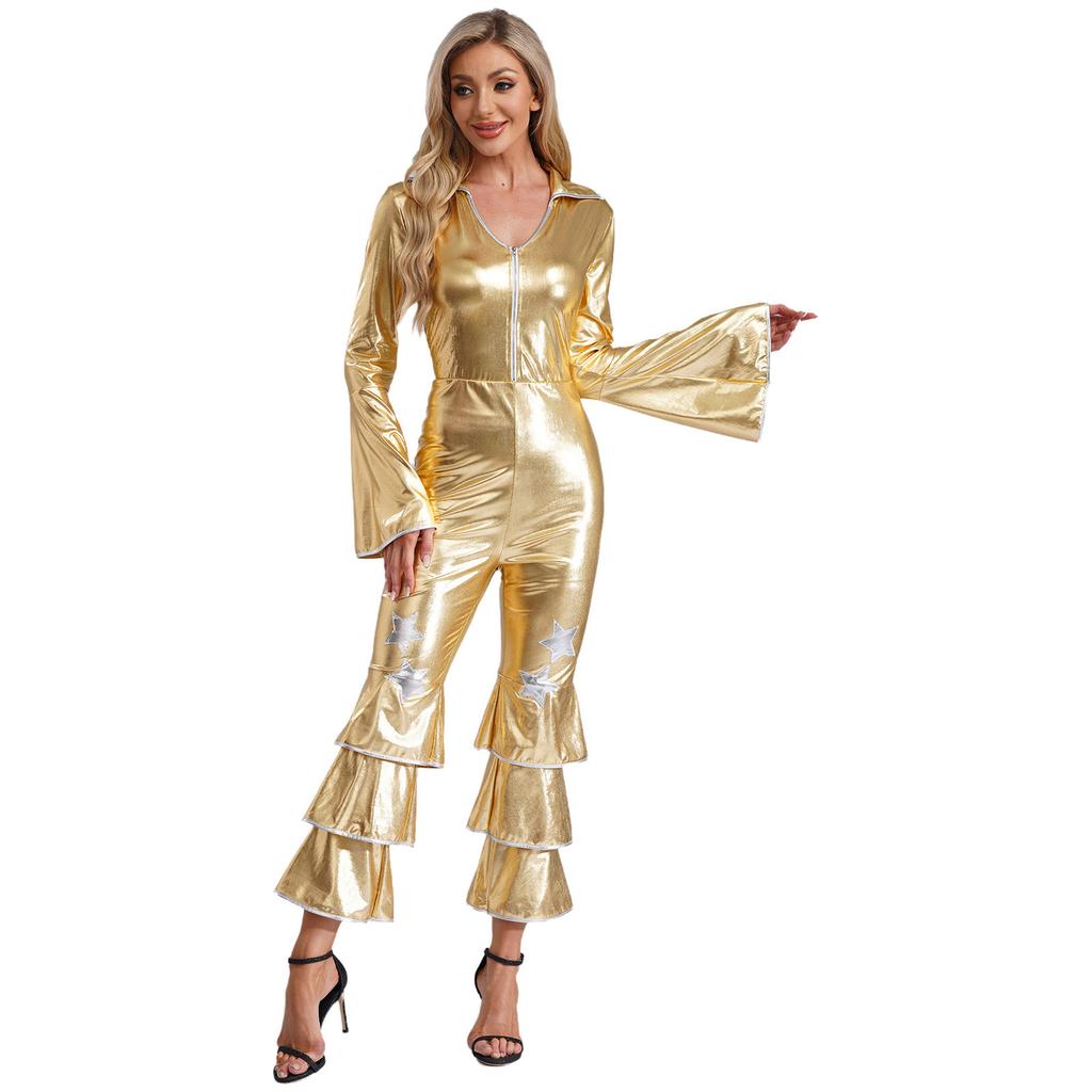 Womens 70s Retro Disco Long Sleeve Flared Jumpsuit Sparkle Costume