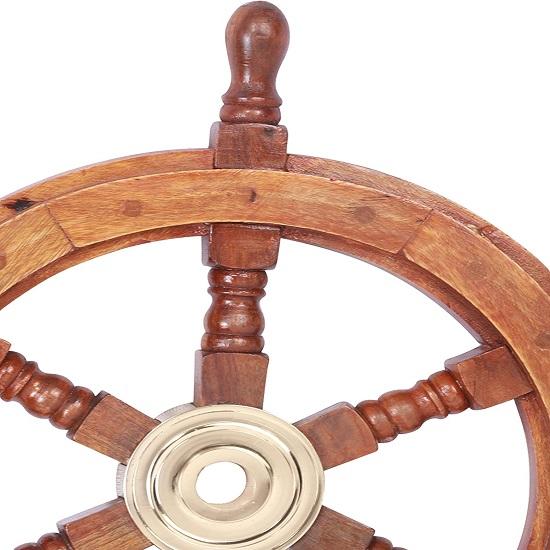 Корабельное колесо 45,72 см из тикового дерева Корабельное колесо с латунной вставкой и шестью спицами, коричневое и золотое