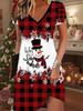Fashion Women's V Neck Short Sleeve  Christmas Snowman Printed  Dress Sex Short Skirt Dresses