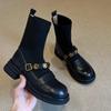 Fashion Elastic Knitted Short Boots Women's Round Toe Thick Bottom Metal Buckle Retro College Style Autumn Winter Fashion Casual Boots