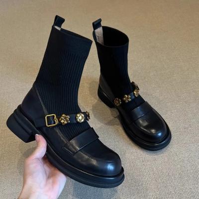 Модные эластичные вязаные полусапожки Женские с круглым носком на толстой подошве с металлической пряжкой в стиле ретро колледж Осенне-зимние модные повседневные сапоги